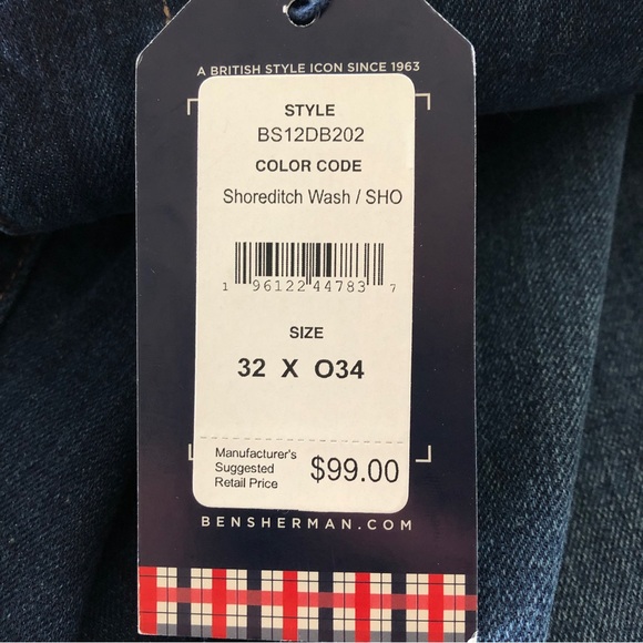 NWT Men’s Ben Sherman Slim Fit Mid Rise Dark Wash Jeans, Size 32W x 34L - Picture 13 of 16